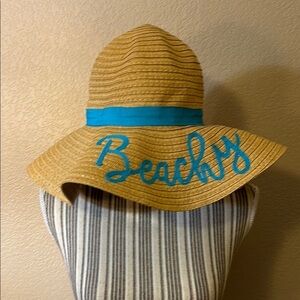 NEW Sun Hat Tan Straw Wide-Brimmed Blue Beach Text Foldable UPF 50+ Floppy Hat